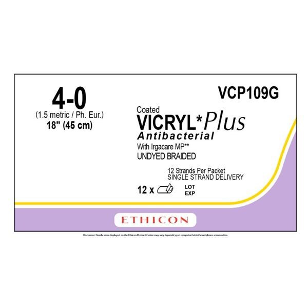 Coated Vicryl Plus Suture 4-0 18" Triclosan/Polyglactin 910 Braid Undyed 12/Bx