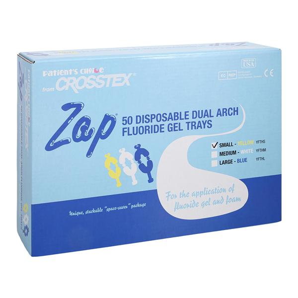 Zap Dual Arch Fluoride Trays Foam Sm W/ Intrlckng Hndl Yellow Disposable 50/Bx, 12 BX/CA