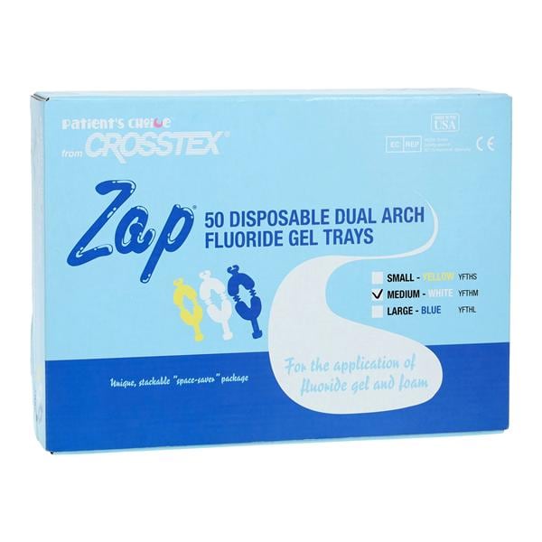 Zap Dual Arch Fluoride Trays Foam Md W/ Intrlckng Hndl White Disposable 50/Bx, 12 BX/CA