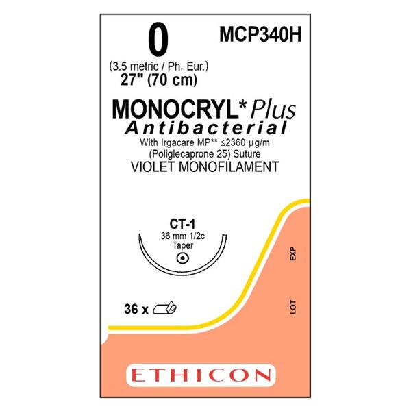 Monocryl Plus Suture 0 27" Triclosan/Polyglecaprone 25 Mnflmnt CT-1 Vio 36/Bx