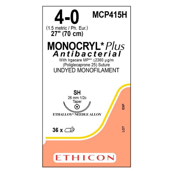 Monocryl Plus Suture 4-0 27" Triclosan/Polyglecaprone 25 Mnflmnt SH Undyd 36/Bx