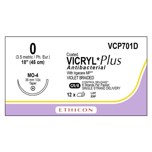 Coated Vicryl Plus Suture 0 18" Triclosan/Polyglactin 910 Braid MO-4 Vio 12/Bx