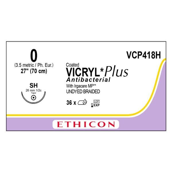 Coated Vicryl Plus Suture 0 27" Triclosan/Polyglactin 910 Braid SH Undyed 36/Bx