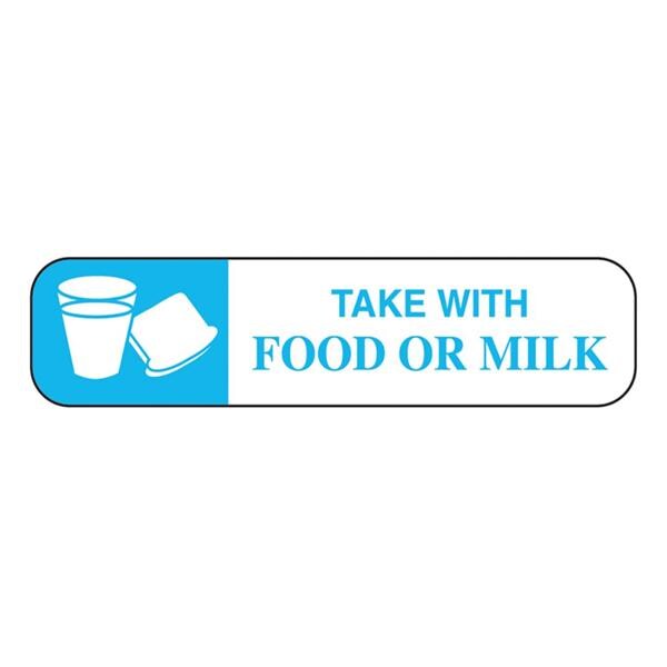 Label Warning Take With Food/Milk Blue/White 1-5/8x3/8" 1000/Rl