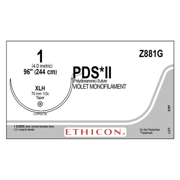 PDS II Suture 1 96" Polydioxanone Monofilament XLH Violet 12/Bx