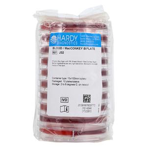 Biplate Culture Blood Agar/ MacConkey 15x100mm 10/Package