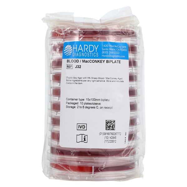 Biplate Culture Blood Agar/ MacConkey 15x100mm 10/Package