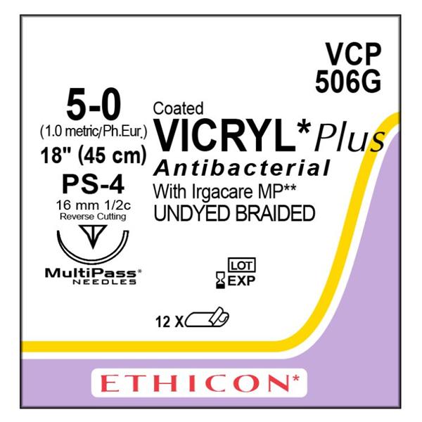 Coated Vicryl Plus Suture 5-0 18" Triclosan/Polyglactin 910 Brd PS-4 Undyd 12/Bx