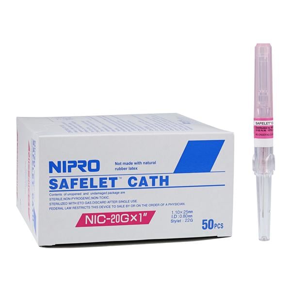 Safelet IV Catheter 20 Gauge 1" Luer Tapered End Teflon Sterile N...