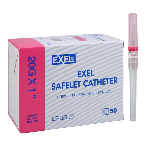 Safelet IV Catheter 20 Gauge 1" 20x1" Fluorinated Ethylene Propyl...