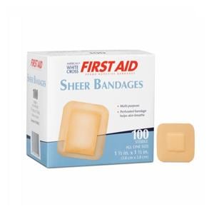 American White Cross Adhesive Bandage Plastic 1-1/2x1-1/2" Sheer Sterile 100/Bx, 12 BX/CA