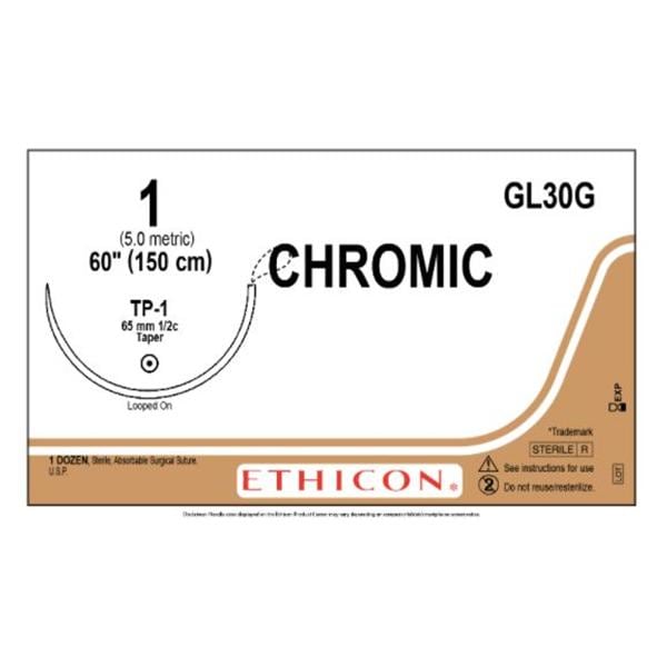 Ethicon Suture 1 60" Chromic Gut Monofilament TP-1 Undyd - Naturally Brn 12/Bx