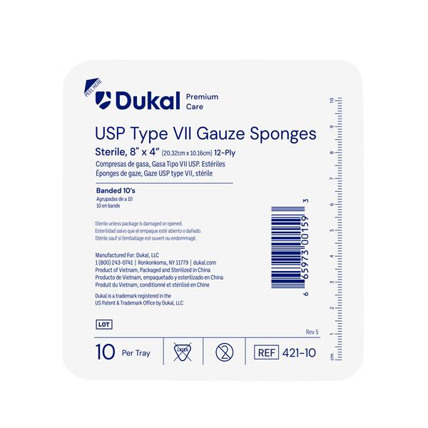 Premium Care 100% Woven Cotton Gauze Sponge 8x4" 12 Ply Sterile USP Type VII