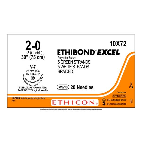 Ethibond Excel Suture 2-0 10x30" Polyester Braid V-7 Grn/Wht/LtGrn 6/Bx
