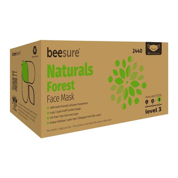 BeeSure Naturals Face Mask ASTM Level 3 Green / White Adult 50/Bx, 8 BX/CA