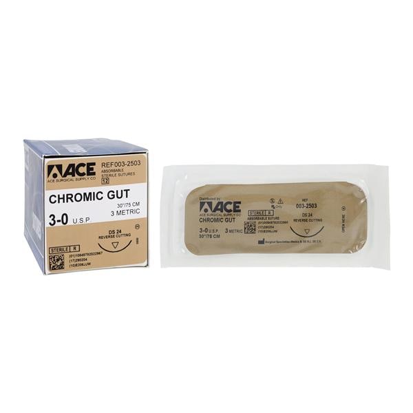 Suture Chromic Gut 3-0 30" Absorbable DS-24 Reverse Cutting 3/8 C...