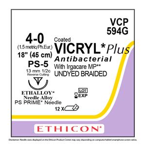 Coated Vicryl Plus Suture 4-0 18" Triclosan, Polyglactin 910 PS-5 12/Bx