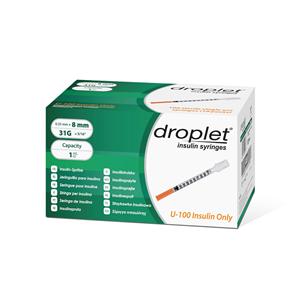Droplet Insulin Syringe 31gx8mm 1mL Protective Cap Low Dead Space 500/Ca