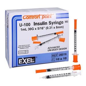 Insulin Syringe/Needle Combo 30gx5/16" 1mL Non-Safety No Dead Space 100/Bx