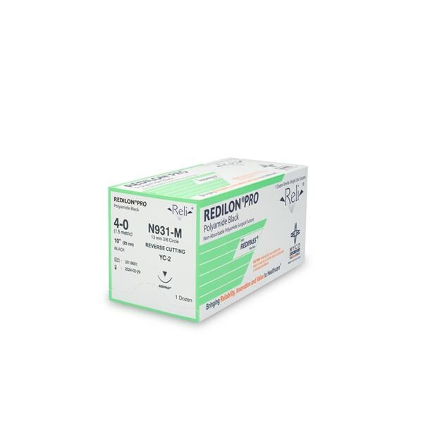 Reli Redilon Pro Suture 4-0 10" Nylon Monofilament YC-2 Black 12/Bx