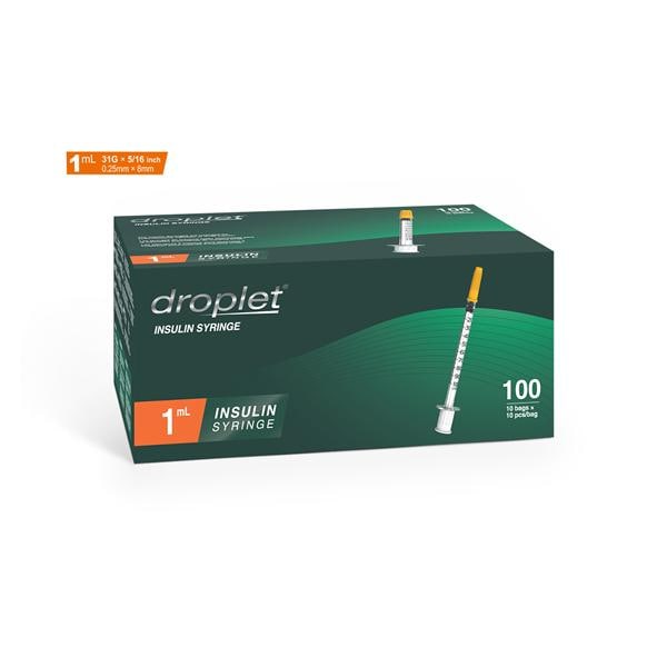 Droplet Insulin Syringe/Needle 31gx8mm 1mL Protective Cap Low Dead Space 100/Bx