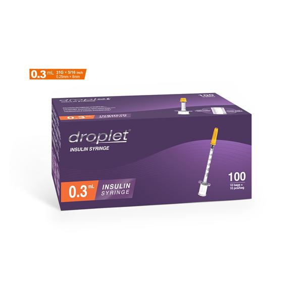 Droplet Insulin Syringe/Needle 31gx8mm 0.3mL Protective Cap LDS 100/Bx