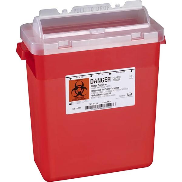 Sentinel Sharps Container 3gal Red 13-7/8x6-7/8x13-1/2" Horizontal Drop Plstc Ea, 12 EA/CA