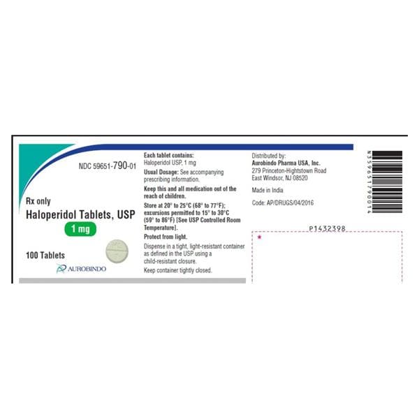 Haloperidol Tablets 1mg Bottle 100/Bottle Each