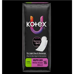 Kotex U Panty Liner Long White Disposable Fragrance Free 16/Pk, 12 PK/CA