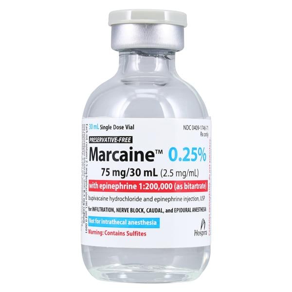 Marcaine w/Epinephrine Injection 0.25% 1:200,000 Preservative Free SDV 30mL Each, 50 VL/CA