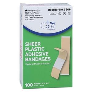 DynaSafety Adhesive Bandage Plastic .38x1.5" Sheer/Flesh Sterile 100/Bx, 36 BX/CA