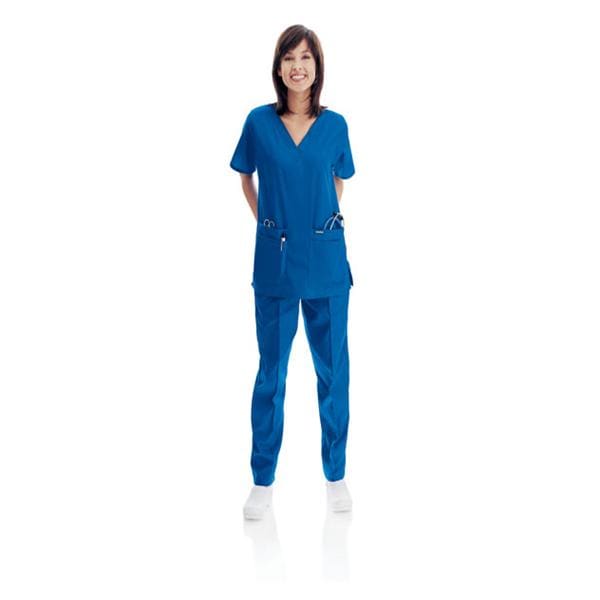 Scrub Shirt V-Neck 4 Pockets Short Sleeves Medium Royal Blue Womens Ea