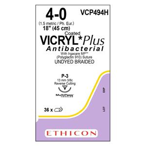 Coated Vicryl Plus Suture 4-0 18" Triclosan/Polyglactin 910 Brd P-3 Undyd 36/Bx