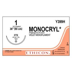Monocryl Suture 1 1x36" Poliglecaprone 25 Monofilament CTX Violet 36/Bx
