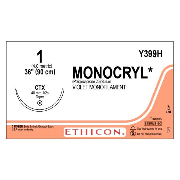 Monocryl Suture 1 1x36" Poliglecaprone 25 Monofilament CTX Violet 36/Bx