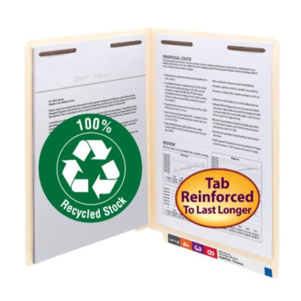 Manila Folder 8.5"x11" End Tab 100% Recycled Fasteners 1&3 50/Box...