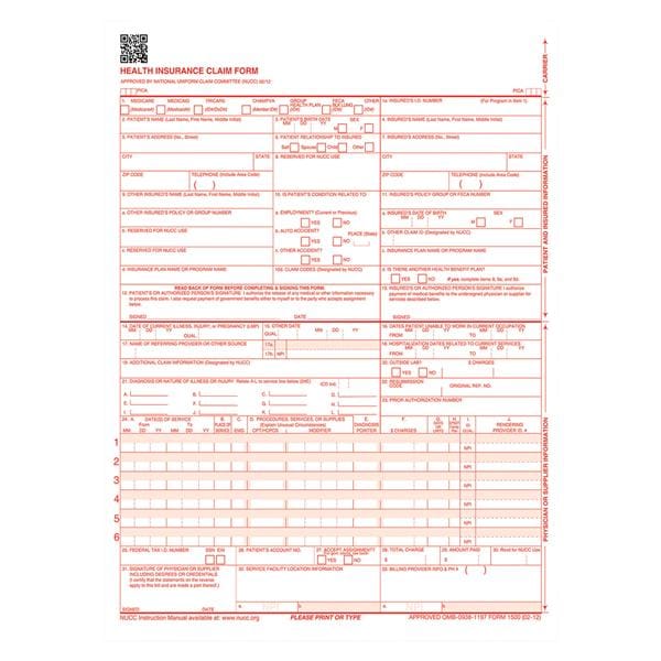 Insurance Claim Forms CMS-1500 2012 Laser Cut 8.5 in x 11 in Whit...
