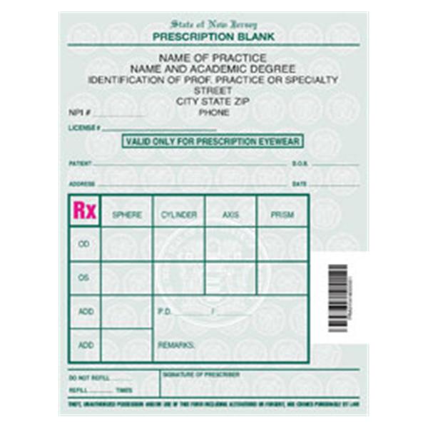 Prescribing Eye Wear Prescription Pads New Jersey 1-Part Vertical 10/Bx