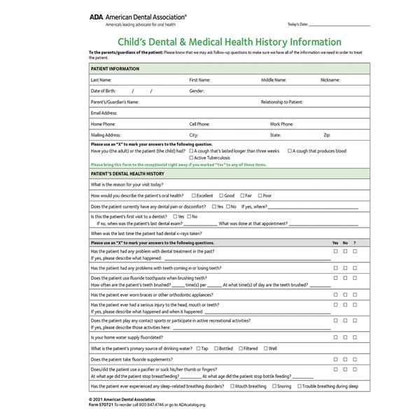 ADA Health History Forms 2021 2 Sided Paper White 8.5 in x 11 in 100/Pk