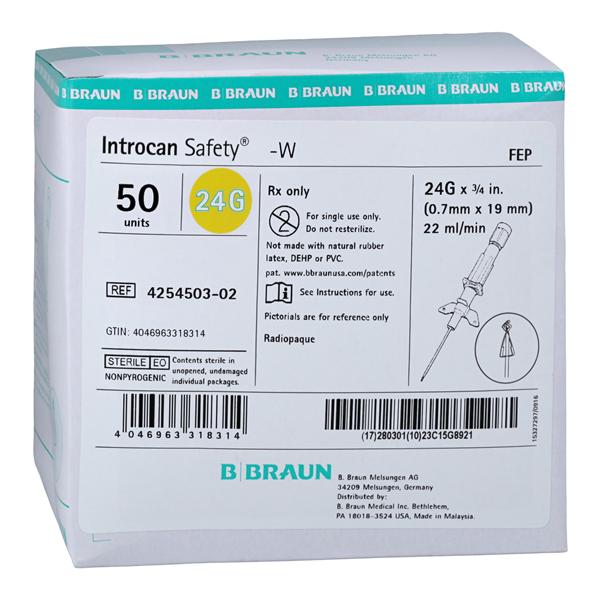 Introcan Safety IV Catheter Safety 24 Gauge 3/4" Yellow 50/Bx, 4 BX/CA