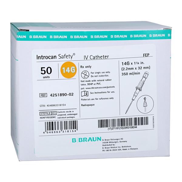 Introcan Safety IV Catheter 14 Gauge 1-1/4" Teflon Non-DEHP/Non-P...