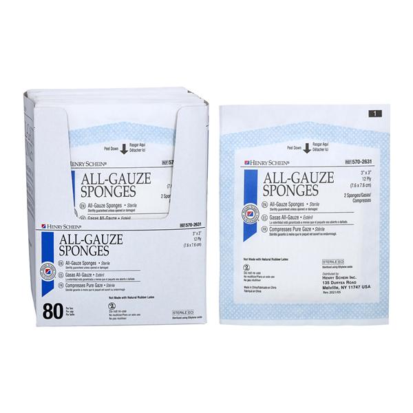 Henry Schein Premium 100% Cotton All-Gauze Sponge 3x3" 12 Ply Ste...