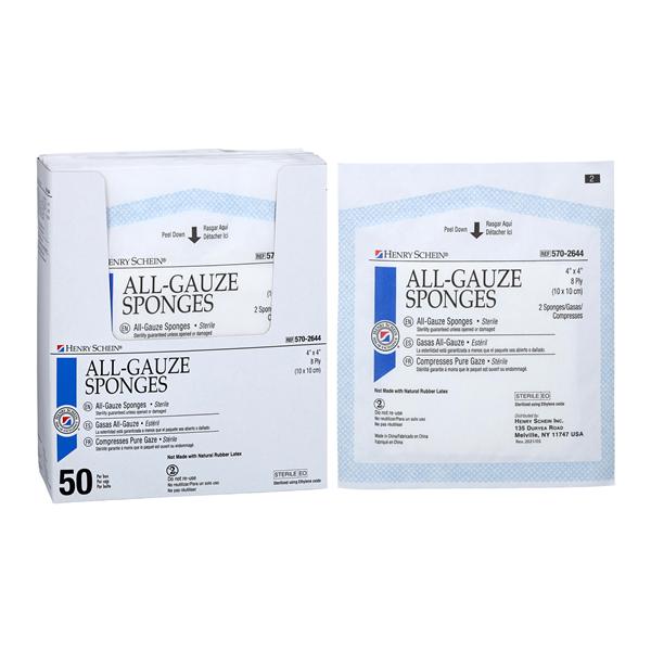 Henry Schein Premium 100% Cotton All-Gauze Sponge 4x4" 8 Ply Sterile Square LF, 24 BX/CA