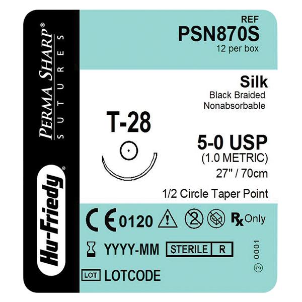 Perma Sharp Suture Silk Braid 5-0 27" Non-Absorbable T-28 Taper P...