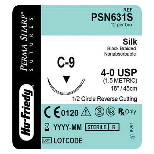 Perma Sharp Suture Silk Braid 4-0 18" Non-Absorbable C-9 Reverse...