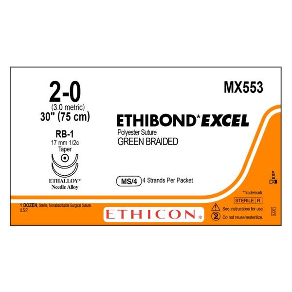 Ethibond Excel Suture 2-0 4-30" Polyester Braid RB-1 Green Bx