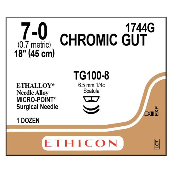 Gut Chromic Suture 7-0 1x18" Chromic Gut Monofilament TG100-8/TG100-8 Brn 12/Bx