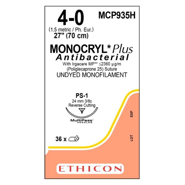 Monocryl Plus Suture 4-0 27" Triclosan/Polyglecaprone 25 Mnflmnt PS1 Undyd 36/Bx