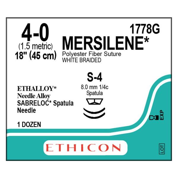 Mersilene Suture 4-0 1x18" Polyester Braid S-4/S-4 White 12/Bx