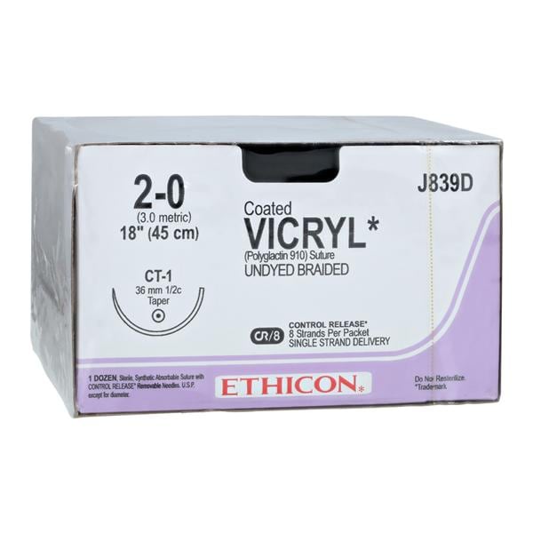 Vicryl Suture 2-0 8-18" Polyglactin 910 Braid CT-1 Undyed 12/Bx